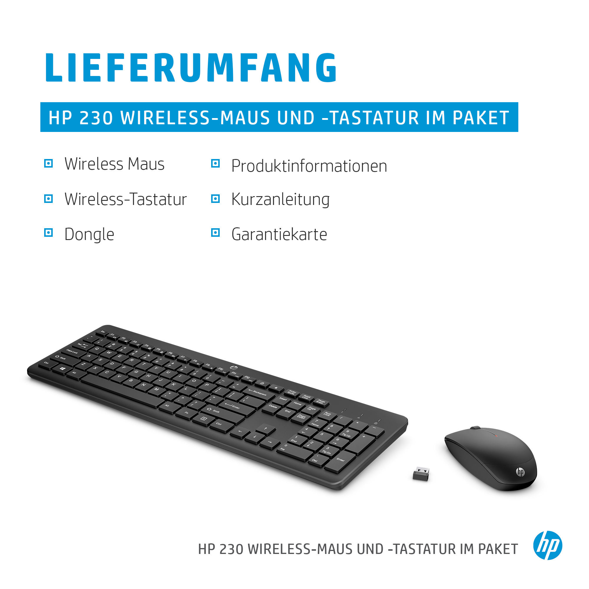 HP 230 kabelloses Maus- und Tastatur-Set. Enthält Maus, Tastatur, Dongle und Dokumentation.