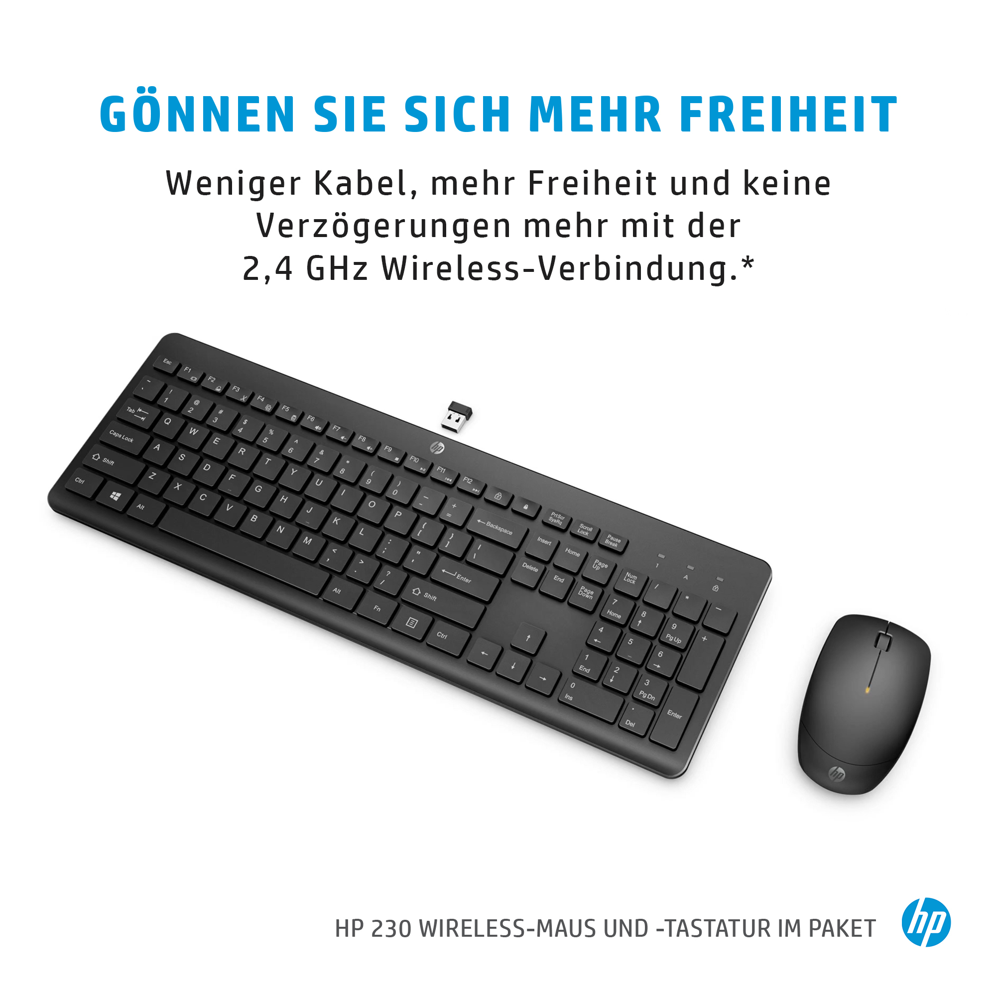 Ein schwarzes Tastatur- und Maus-Set mit dem Text 'GÖNNEN SIE SICH MEHR FREIHEIT'.