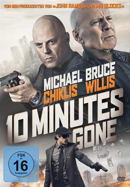 DVD-Cover für '10 Minutes Gone' mit Michael Chiklis und Bruce Willis. Deutscher Text, Stadtbild.