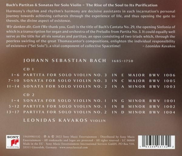 Rückseite einer CD-Hülle mit Text. Enthält die Namen der Bach-Partitas & Sonaten für Solovioline. Sony-Logo.