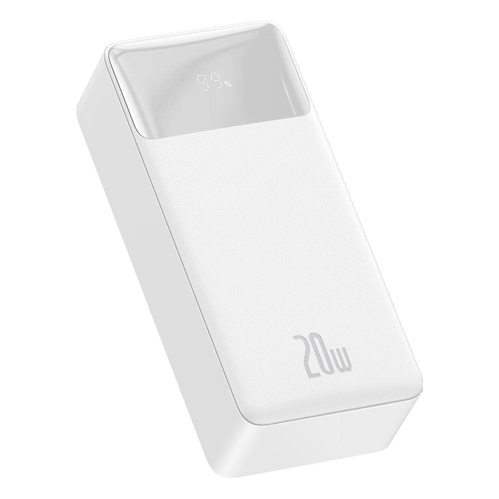 99% şarj gösteren dijital ekranlı beyaz powerbank. 20W yazısı görünür.