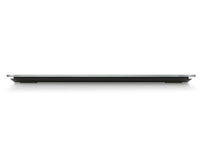 A thin, rectangular black scale on a white background. It has a reflective surface.