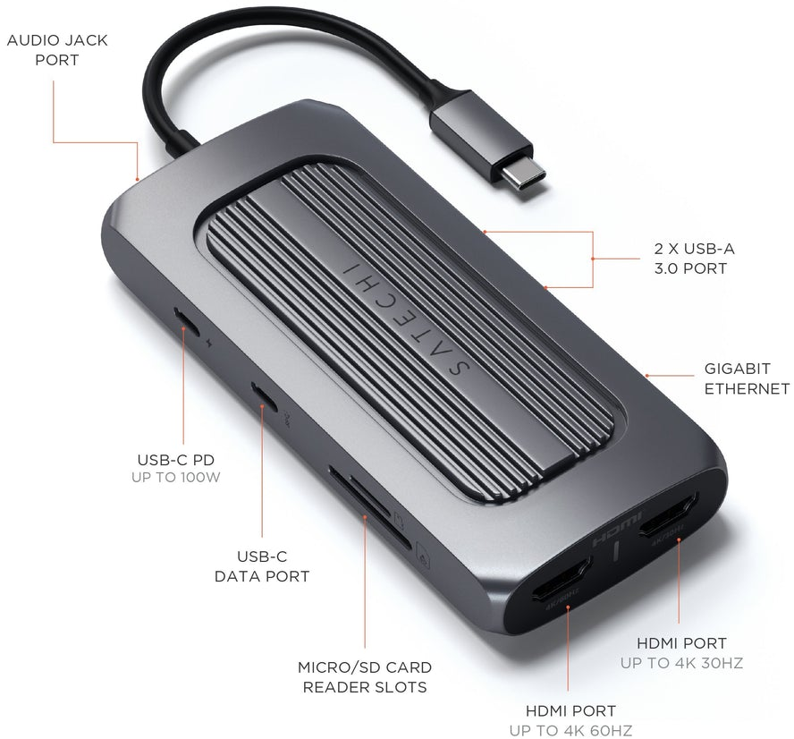 Satechi Multiport-Adapter, dunkelgrau. Merkmale: USB-C, USB-A-Anschlüsse, HDMI- und Ethernet-Anschlüsse sowie Kartenleser.