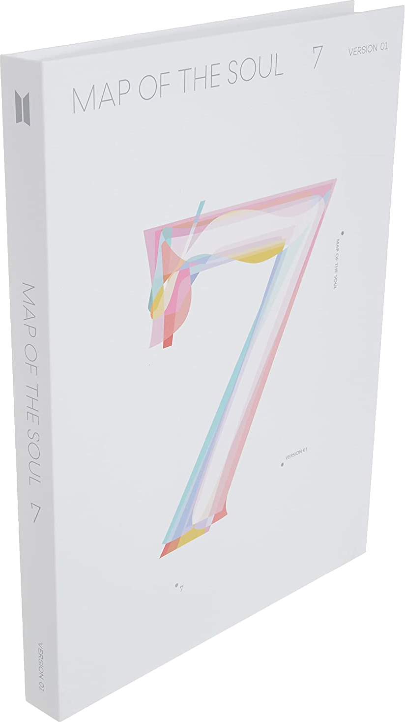 Fehér albumborító. A cím: 'MAP OF THE SOUL 7', színes dizájnnal a borítón és a BTS logóval.