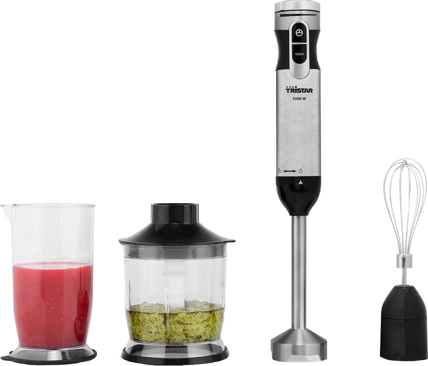 Mixeur plongeant Tristar avec accessoires: gobelet, bol hachoir et fouet.