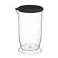 Verre mesureur en plastique transparent avec couvercle noir. Fond blanc.