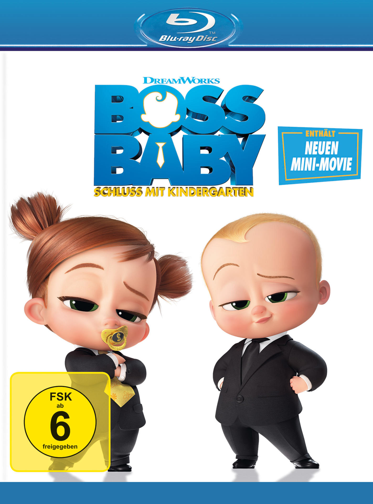 Filmcover: Zwei Babys in Anzügen mit ernsten Ausdrücken. Titel: Boss Baby. Kindergarten-Thema.