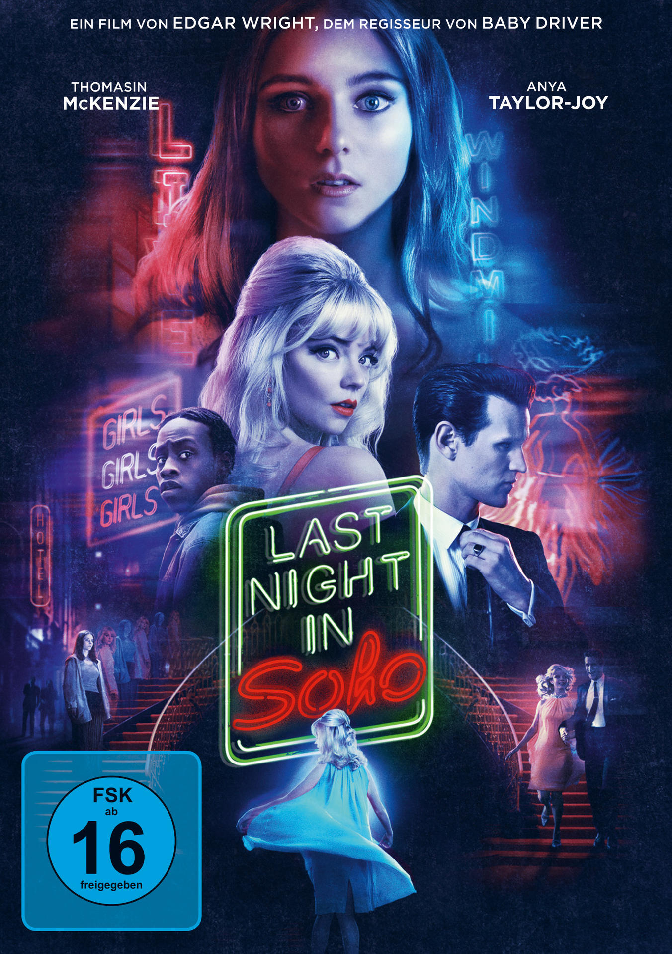 Filmposter: Frauengesichter, Neon-Schild 'Soho', Figuren auf Treppen. Titel: Last Night in Soho.