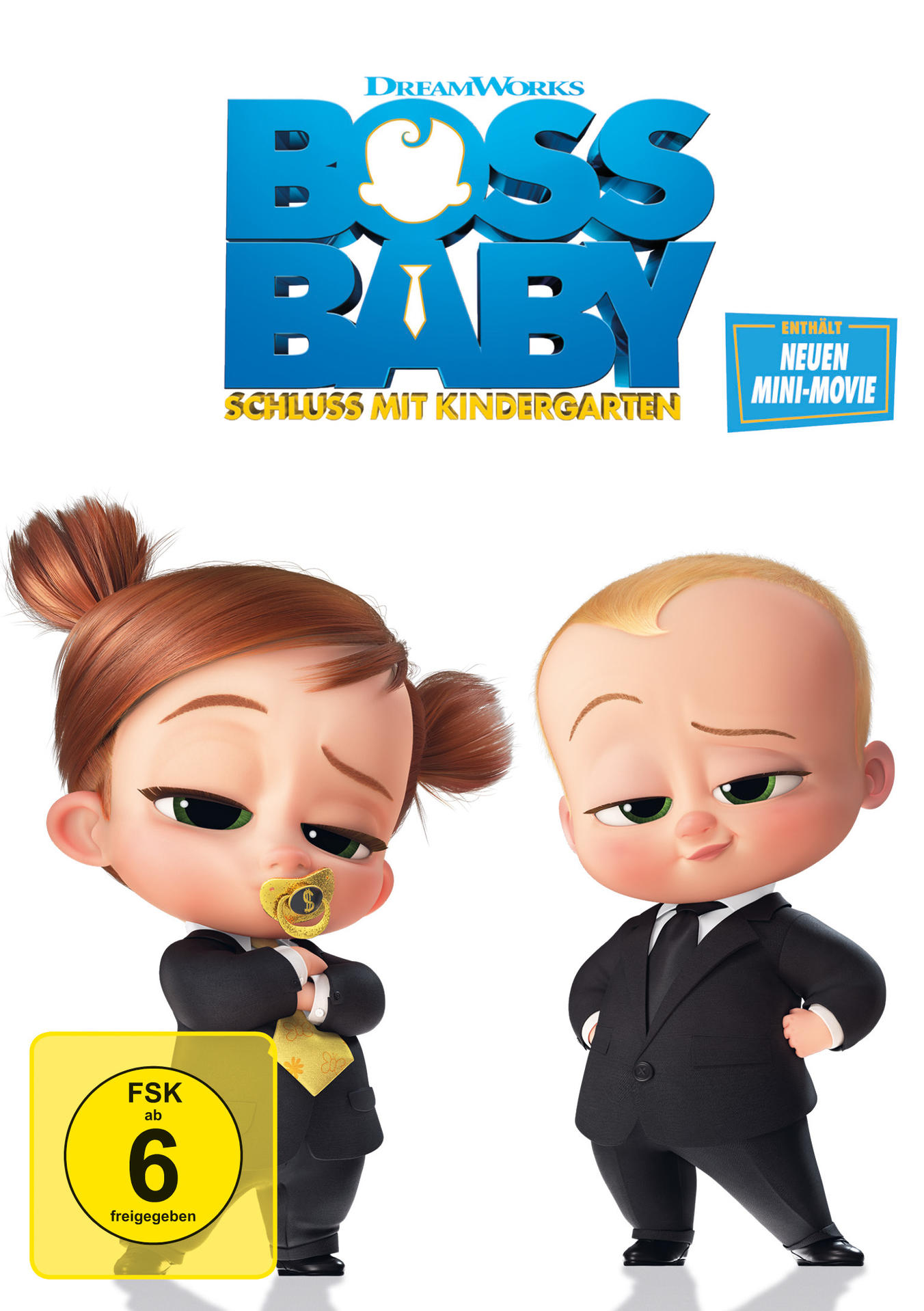 DVD-Cover für "Boss Baby": Zwei Zeichentrickbabys in Anzügen und einem gelben Schnuller.