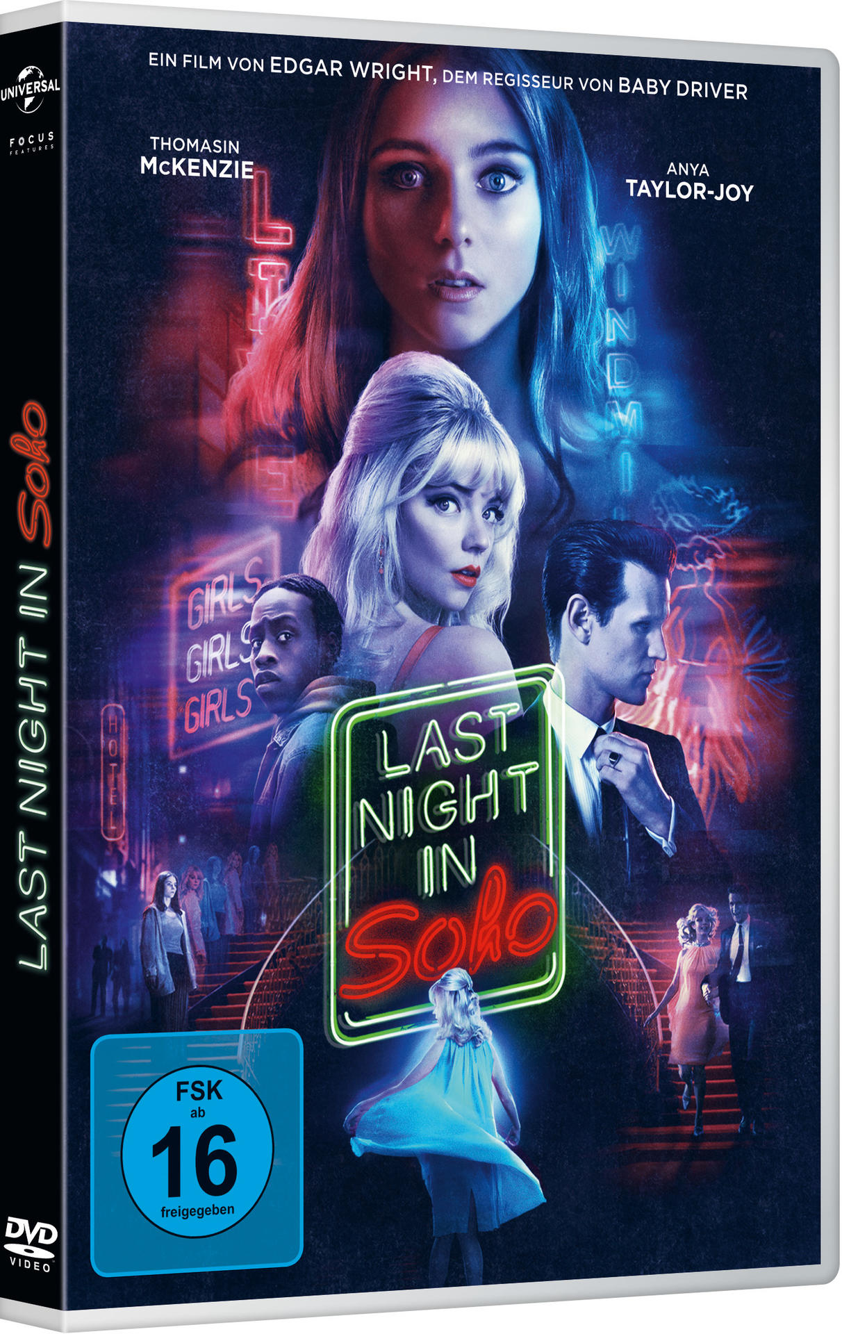 DVD-Cover des Films "Last Night in Soho". Das Poster zeigt Schauspieler und ein Neon-Schild.
