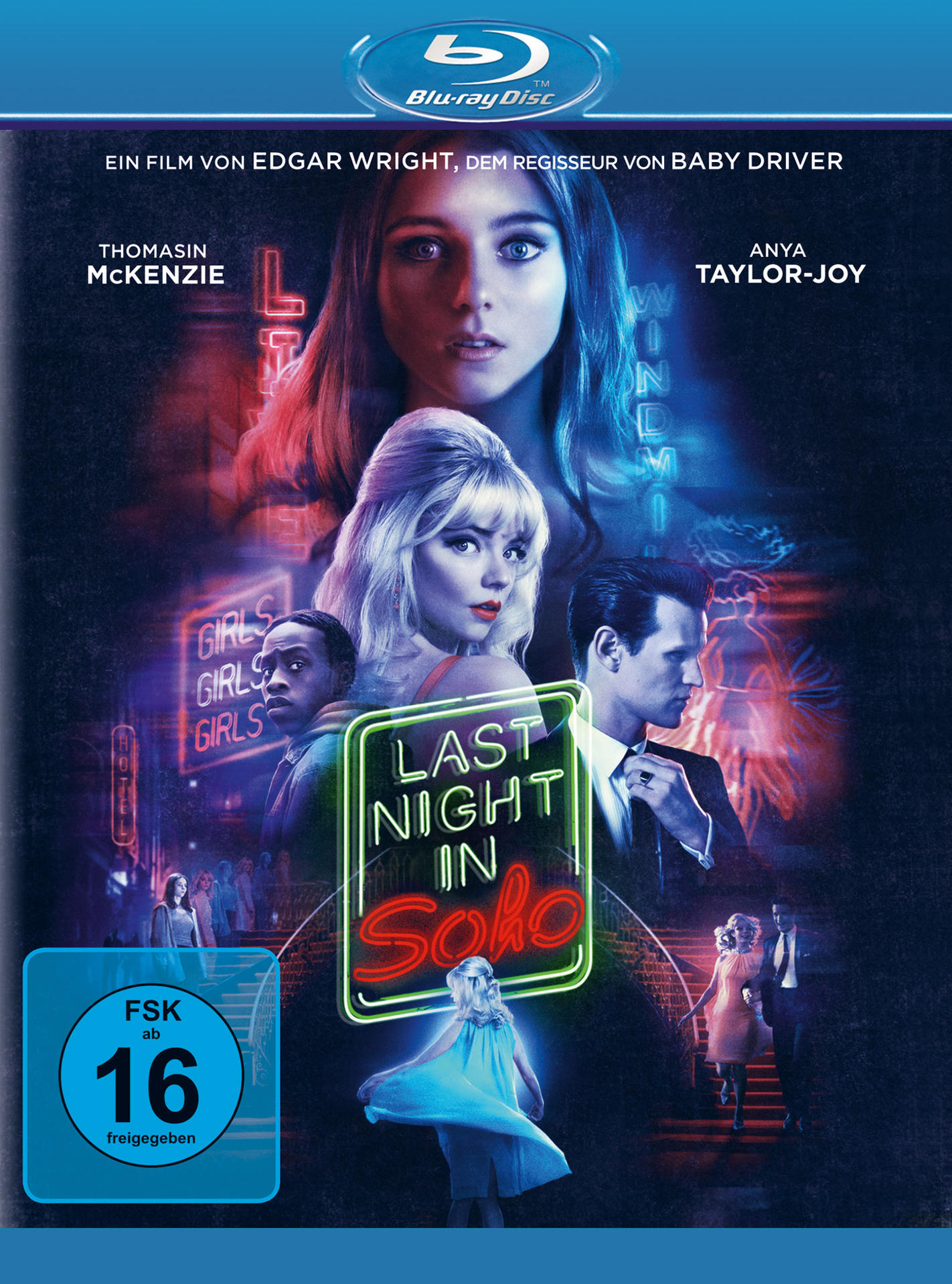 Last Night in Soho Blu-ray Cover, mehrere Charaktere, Neonlichter, dunkler Hintergrund, Gesichter.
