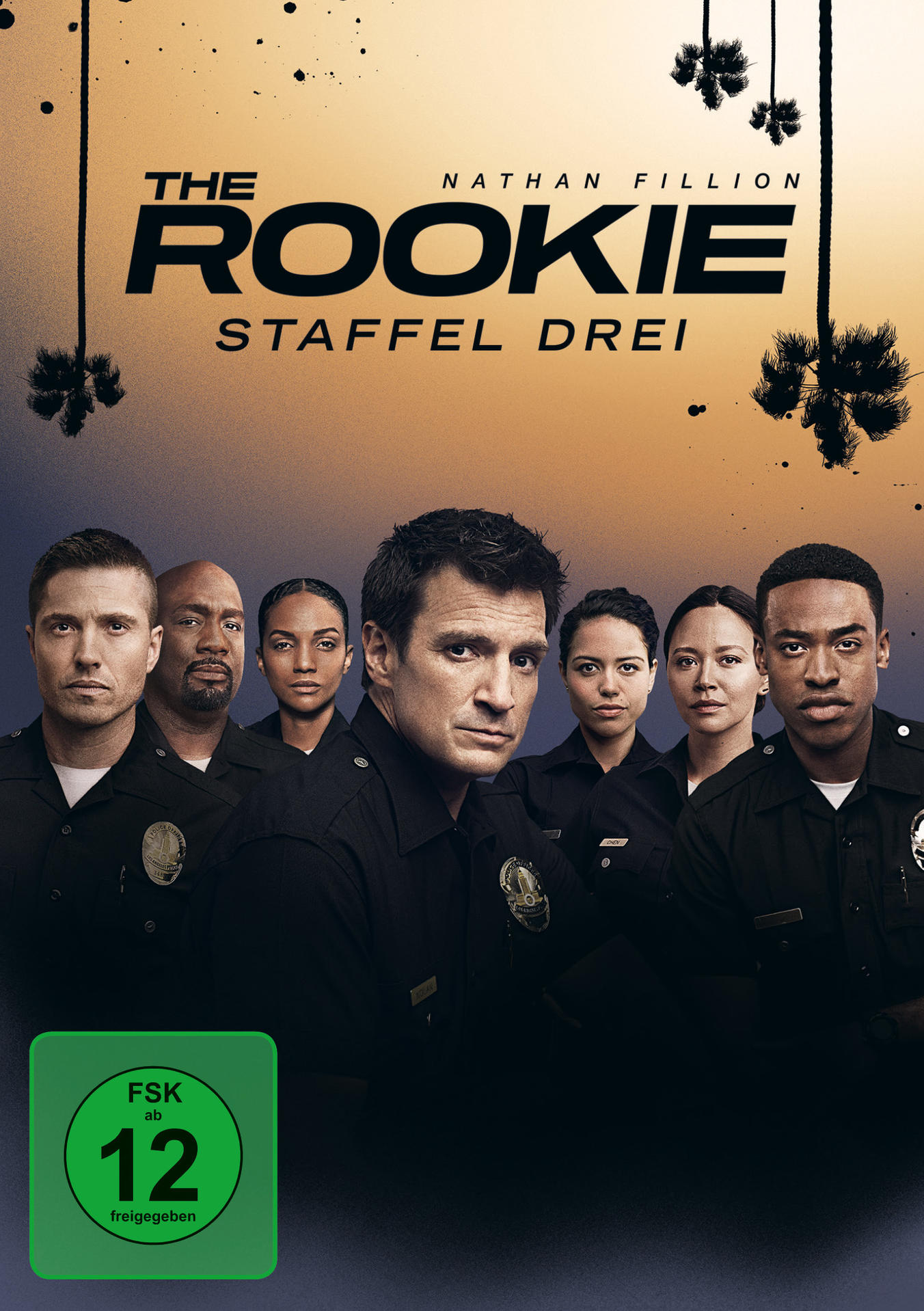 Das Rookie Staffel Drei DVD-Cover. Cast-Foto mit Nathan Fillion und Palmen im Hintergrund.