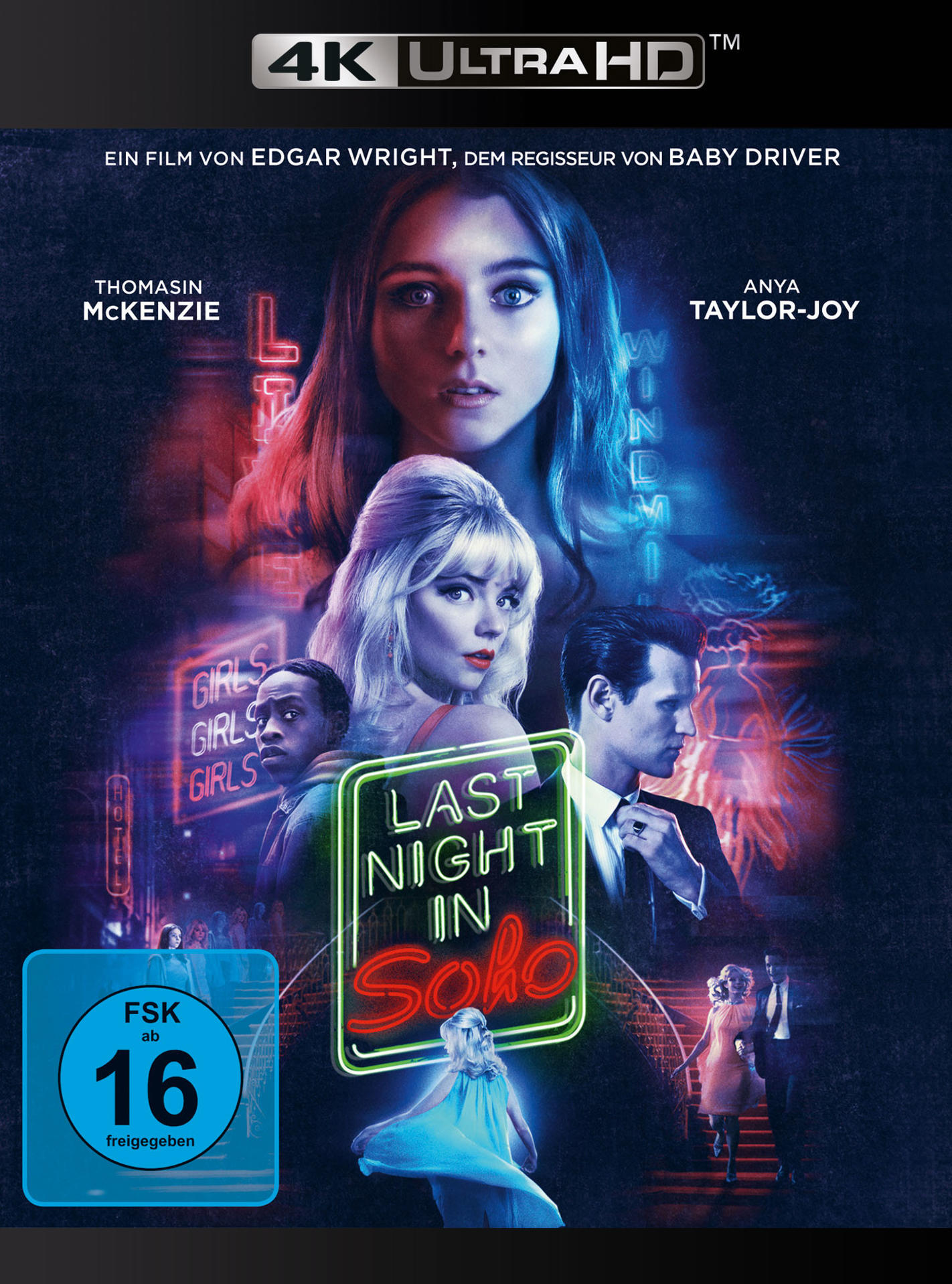 Filmposter mit Frauen, Text und Neonzeichen. Der Titel lautet 'Last Night in Soho'.