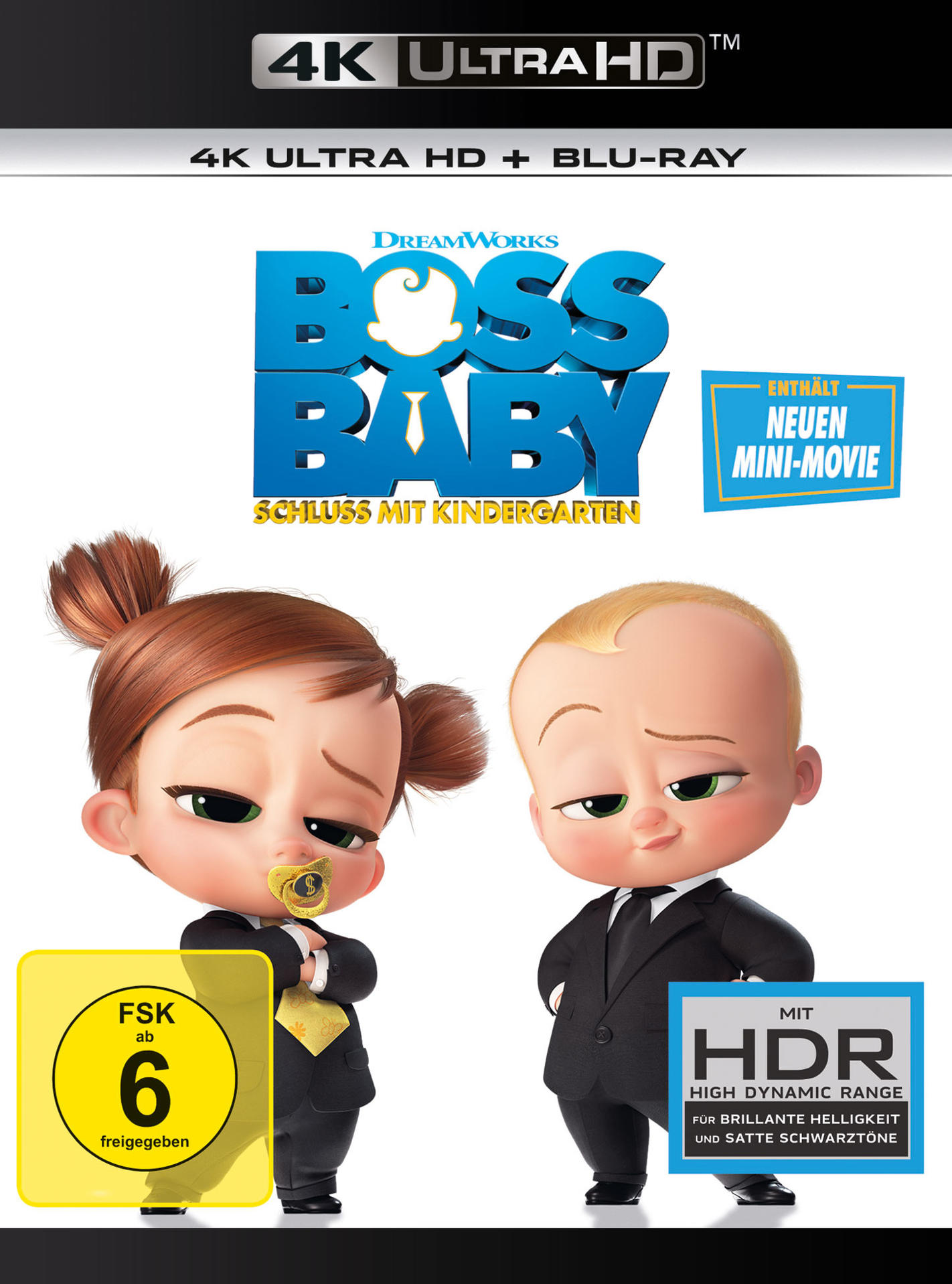Boss Baby Blu-ray-Cover mit zwei Babys, eines mit Schnuller, vor weißem Hintergrund.
