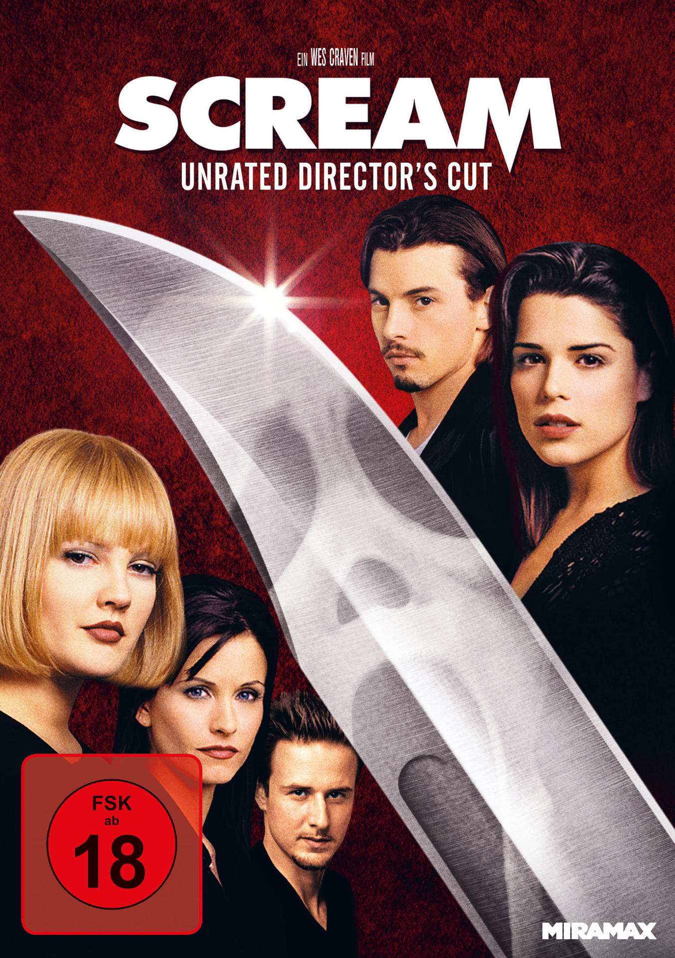 DVD-Cover des Films 'Scream' mit einem Messer vor den Gesichtern der Schauspieler.