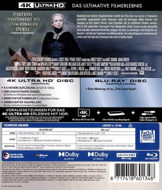 Rückseite einer Blu-ray Disc von 'The Last Duel'. Text auf Deutsch.