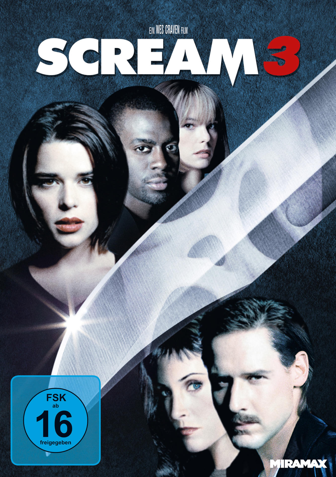 DVD-Cover von Scream 3 mit Schauspielern, Messer und dunklem Hintergrund.