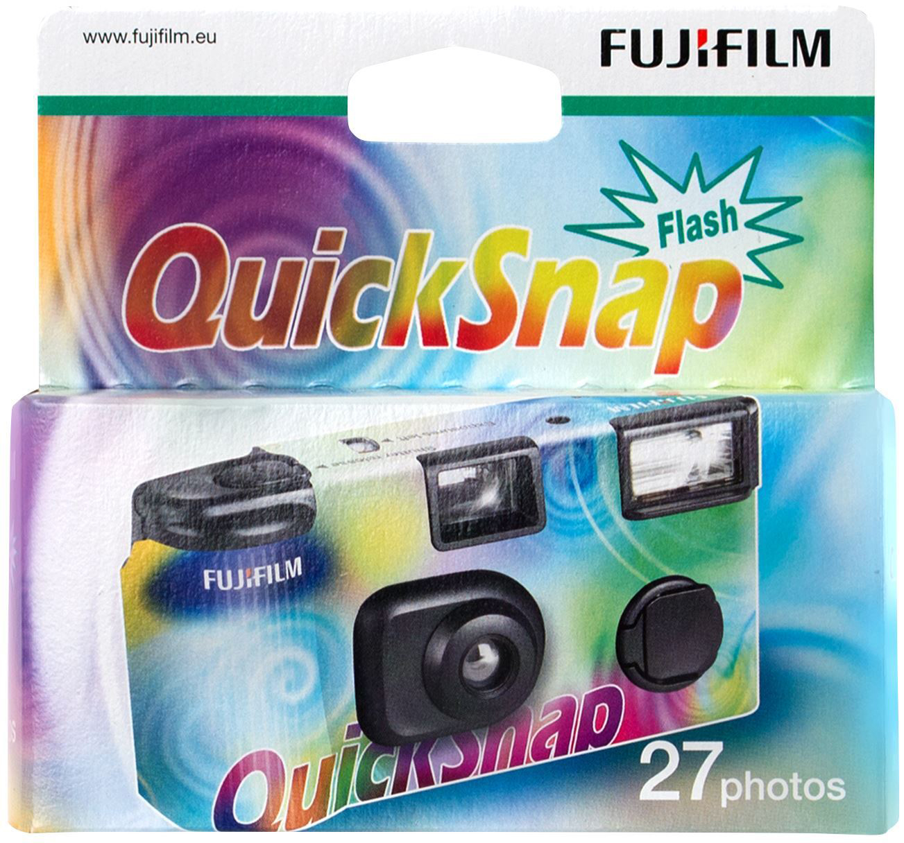 QuickSnap wegwerpcamera doos, wit en kleurrijk, met een camera-illustratie en de tekst: QuickSnap.