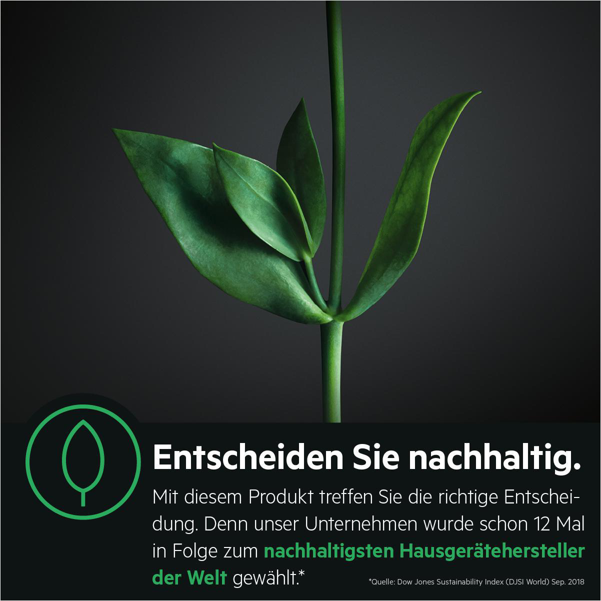 Grüne Pflanze mit Blättern, dunkler Hintergrund. Text auf Deutsch: 'Entscheiden Sie nachhaltig'.