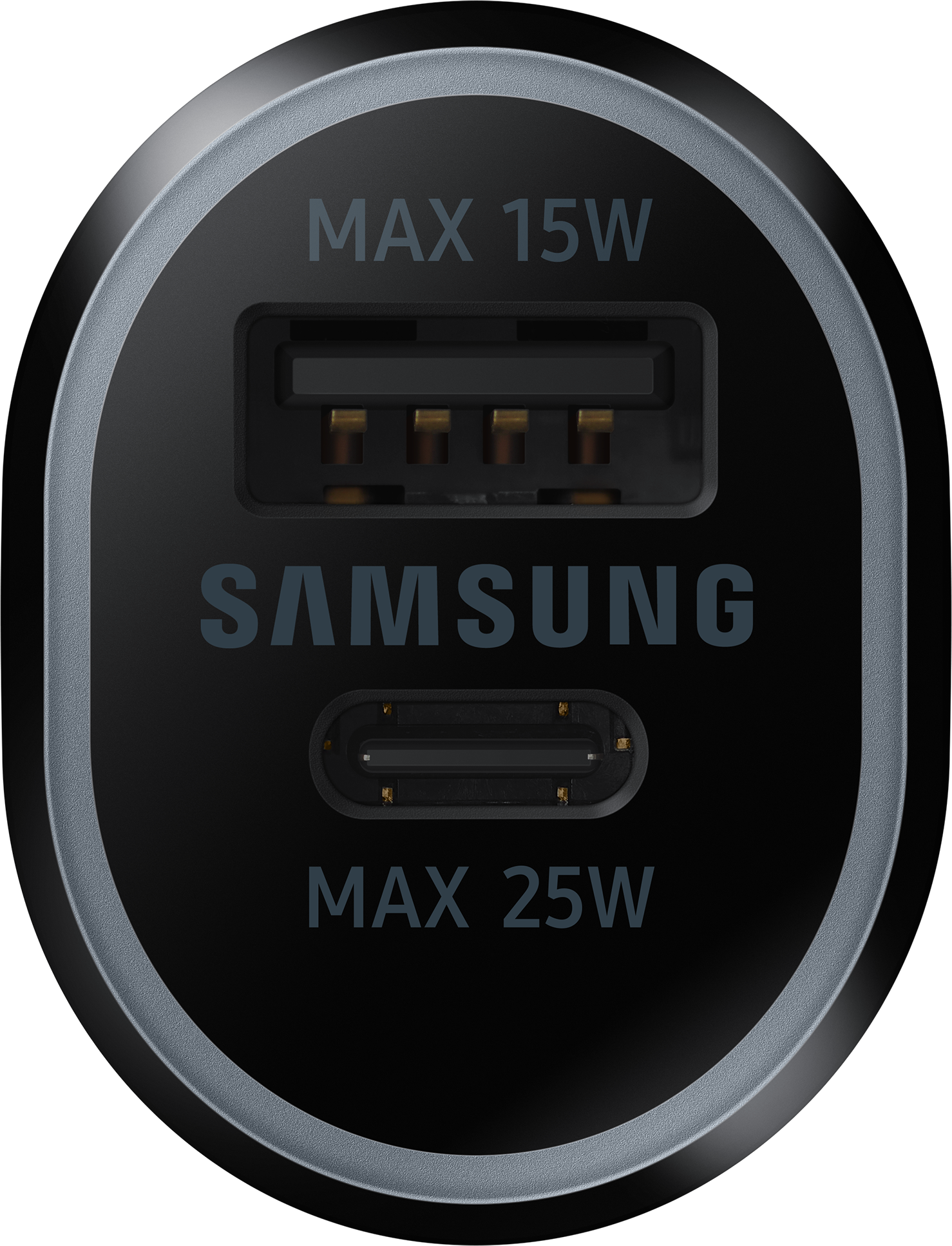 Primo piano di un caricabatterie per auto nero con logo Samsung e porte USB. Testo: MAX 15W, MAX 25W.