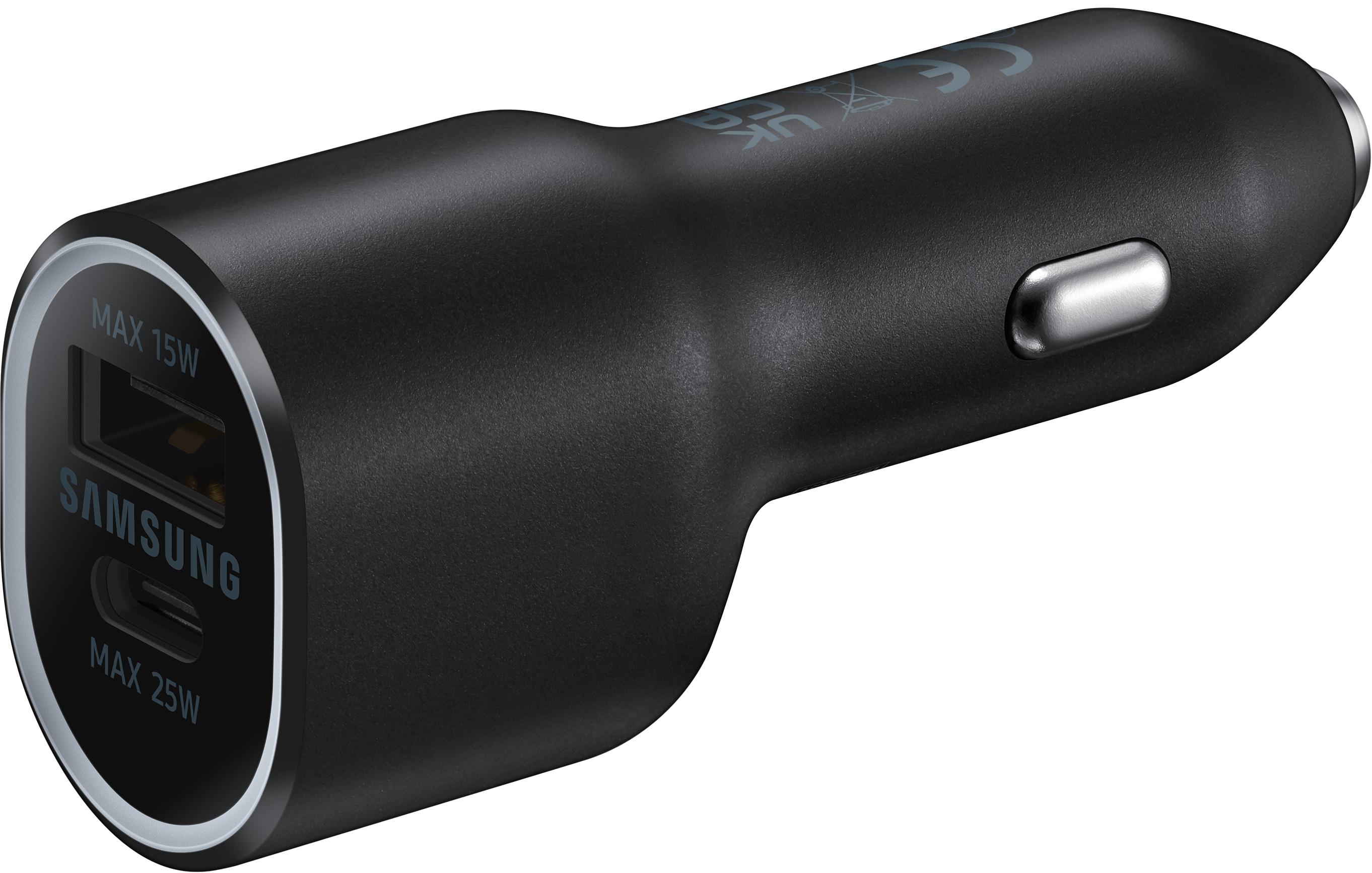 Un caricabatterie per auto Samsung nero con due porte USB etichettate 'MAX 15W' e 'MAX 25W'.