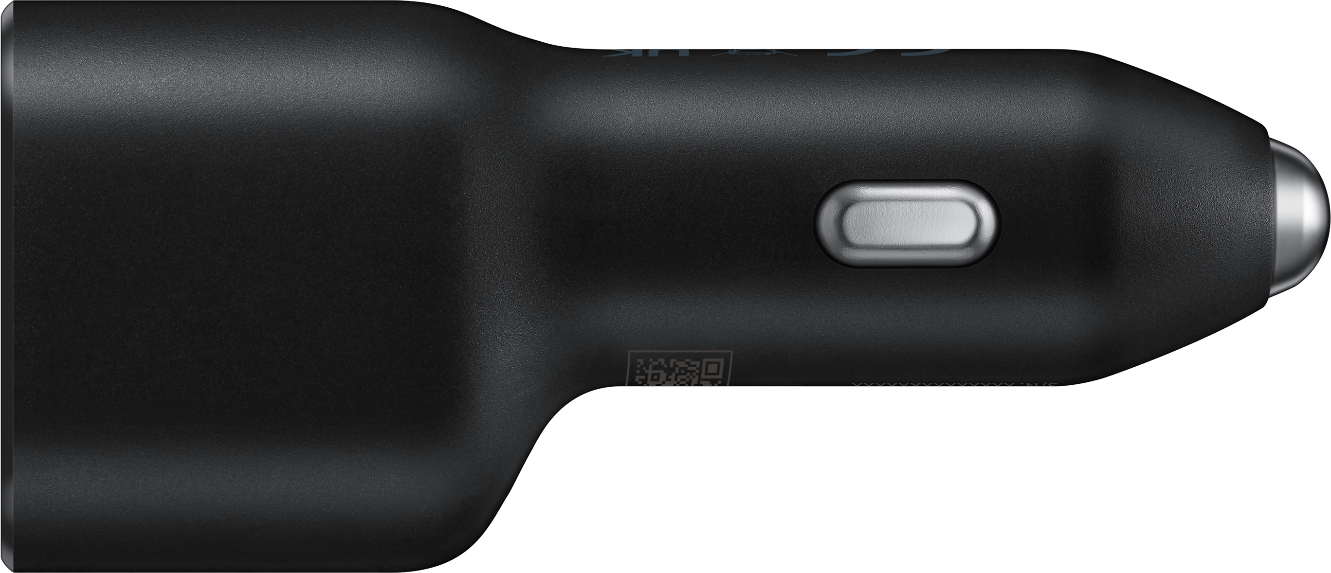 Caricabatterie per auto nero con pulsante argento e codice QR.