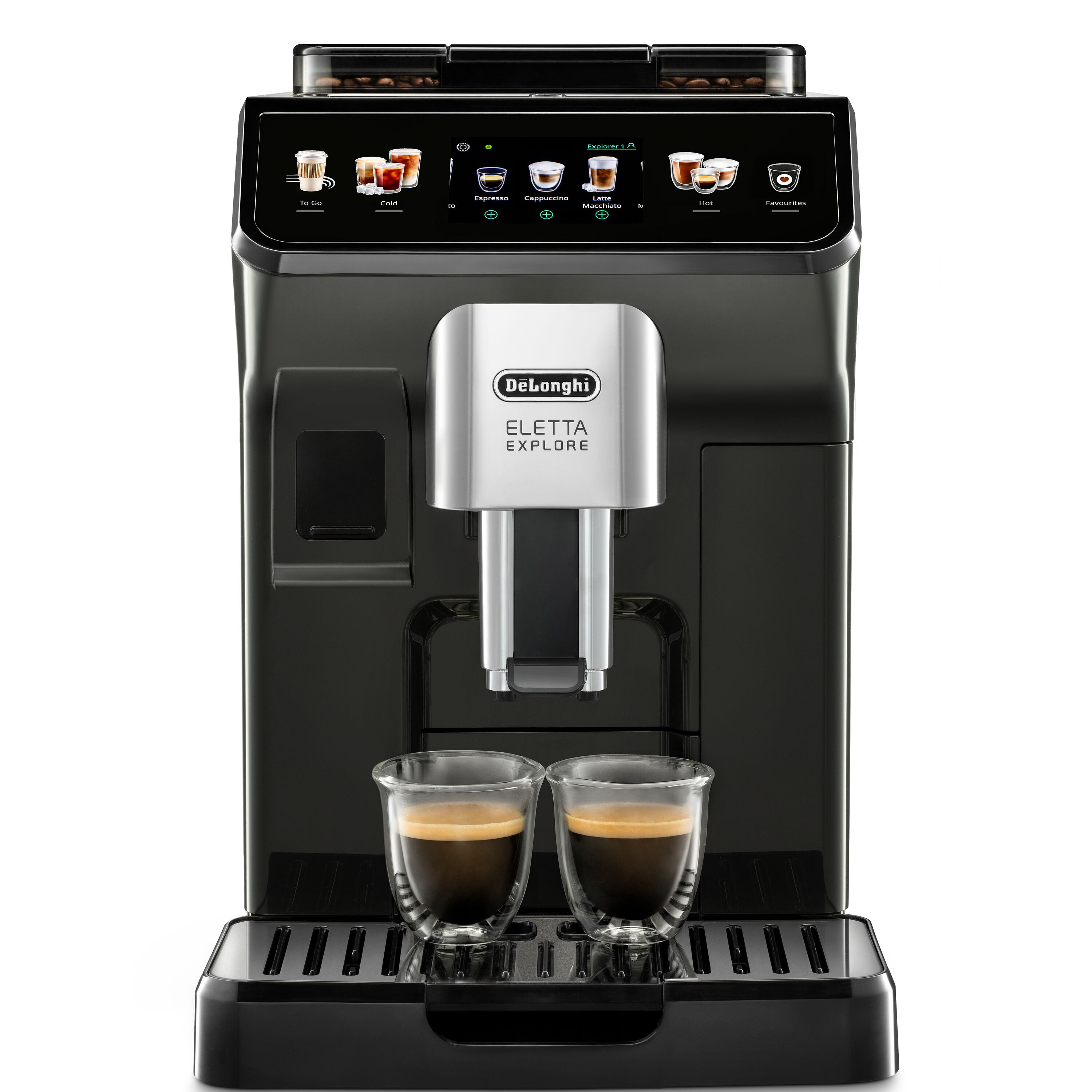 Schwarze De'Longhi Eletta Explore Kaffeemaschine. Zwei Gläser mit Kaffee davor.