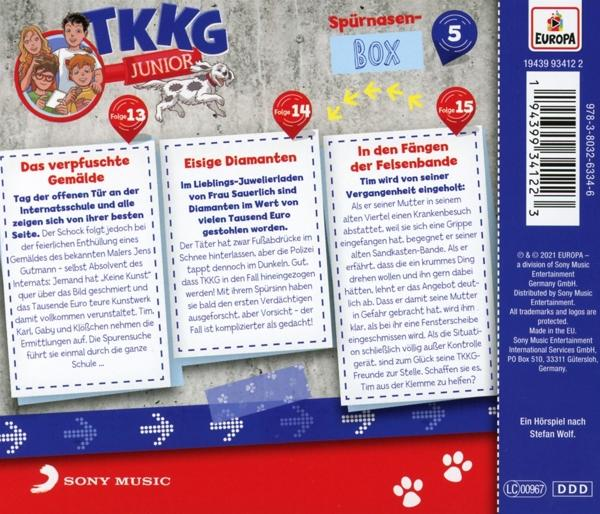 Rückseite eines TKKG Junior CD-Covers mit Text auf Deutsch und Bildern von Kindern und einem Hund.