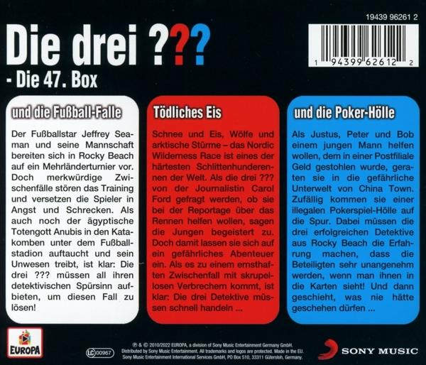 Die Rückseite eines Buches namens Die drei ??? - Die 47. Box, mit Text und Bildern.