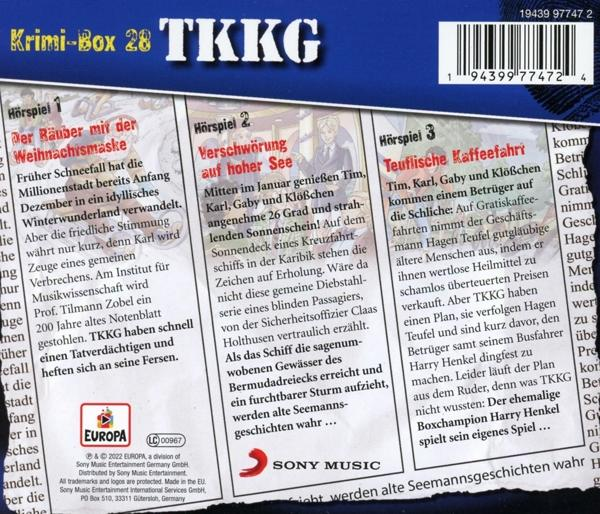 Rückseite der TKKG-Hörspielhülle, Text und Bilder.