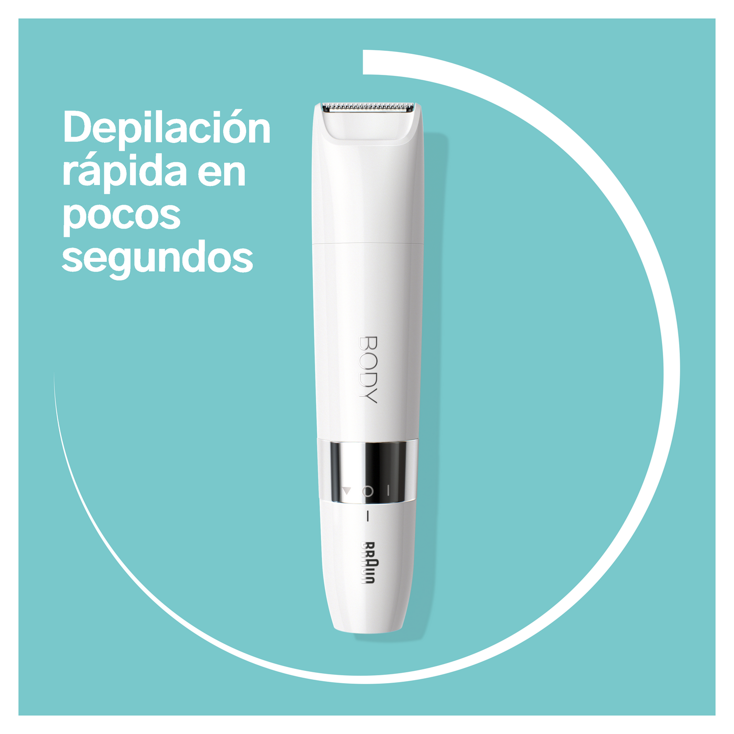 Una depiladora Braun blanca con texto en español. Se ve un fondo turquesa y blanco.