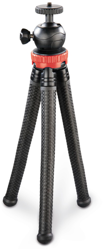 Black and red tripod. Three legs, flexible. Ball head for camera mounting. Designed for stability.