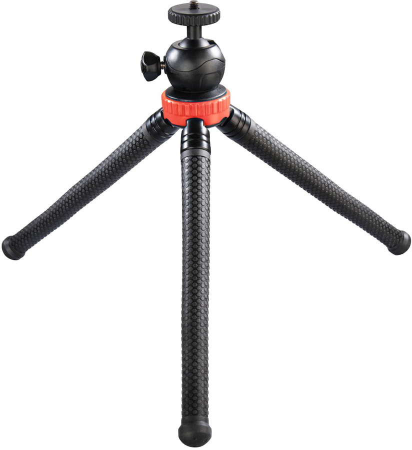 A black and orange mini tripod with three legs, set against a white background.