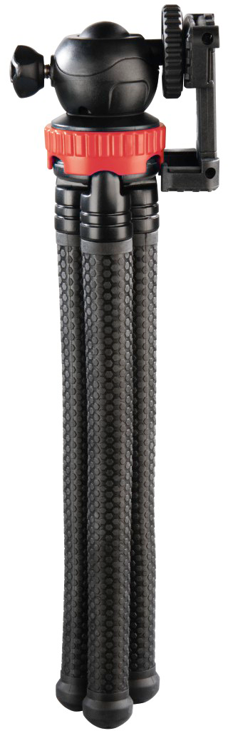 Tripod with three legs, black with red accents, on a white background.