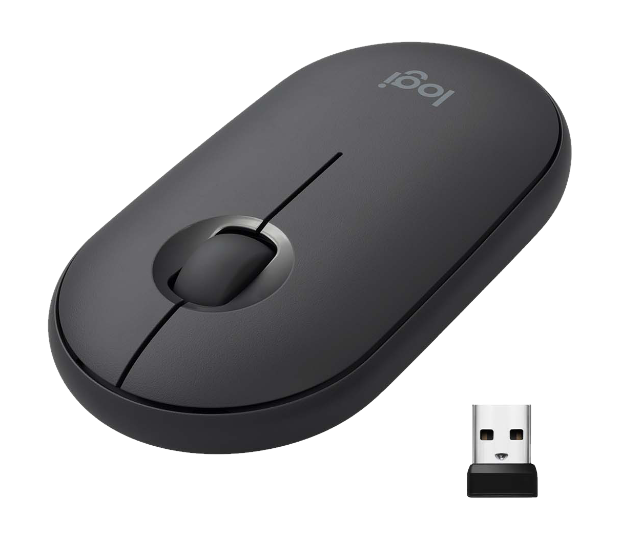 Mouse Logitech con ricevitore USB, colore grigio scuro.