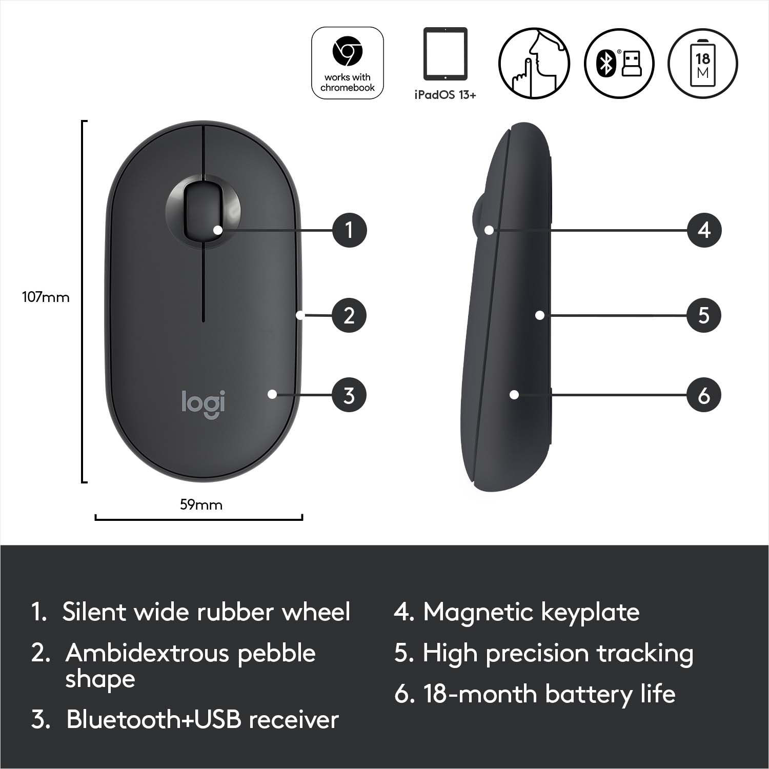 Mouse nero dall'alto e dal lato con dimensioni. Testo sul mouse: logi. Caratteristiche: rotella silenziosa e Bluetooth.