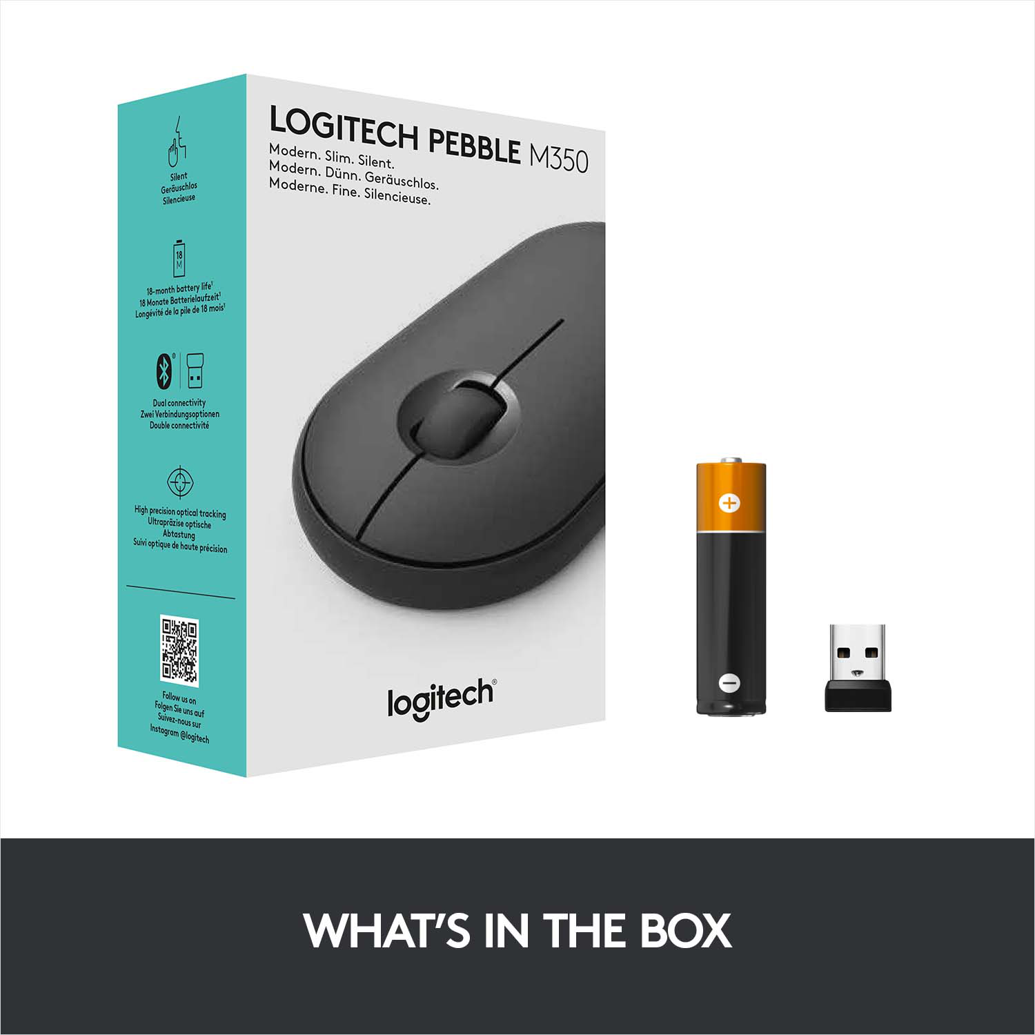 Mouse nero e scatola con dettagli. Una batteria e un ricevitore USB sono accanto. Il testo recita: COSA C'È NELLA SCATOLA.