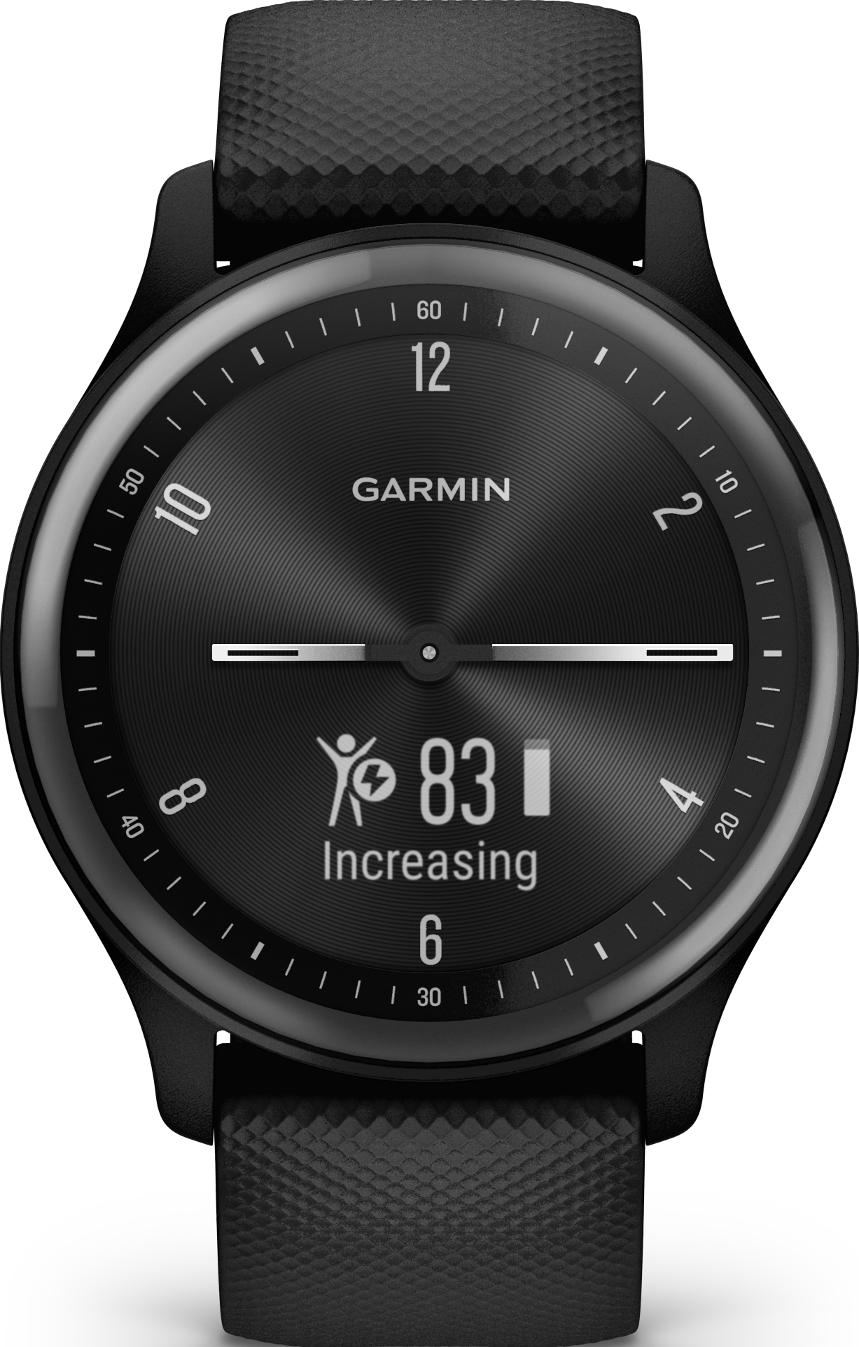 Smartwatch Garmin noire affichant des mesures de fitness sur une interface numérique.
