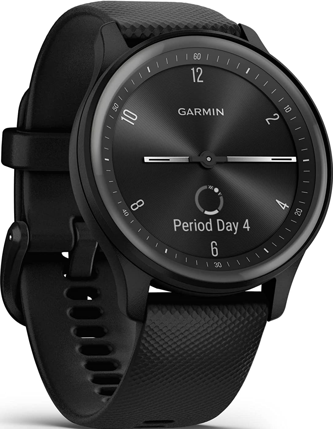 Une montre intelligente Garmin noire avec bracelet noir, affichant l'heure et les détails de la période.