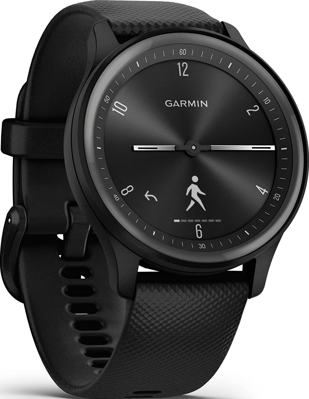 Une smartwatch Garmin noire avec un cadran rond et un bracelet noir.
