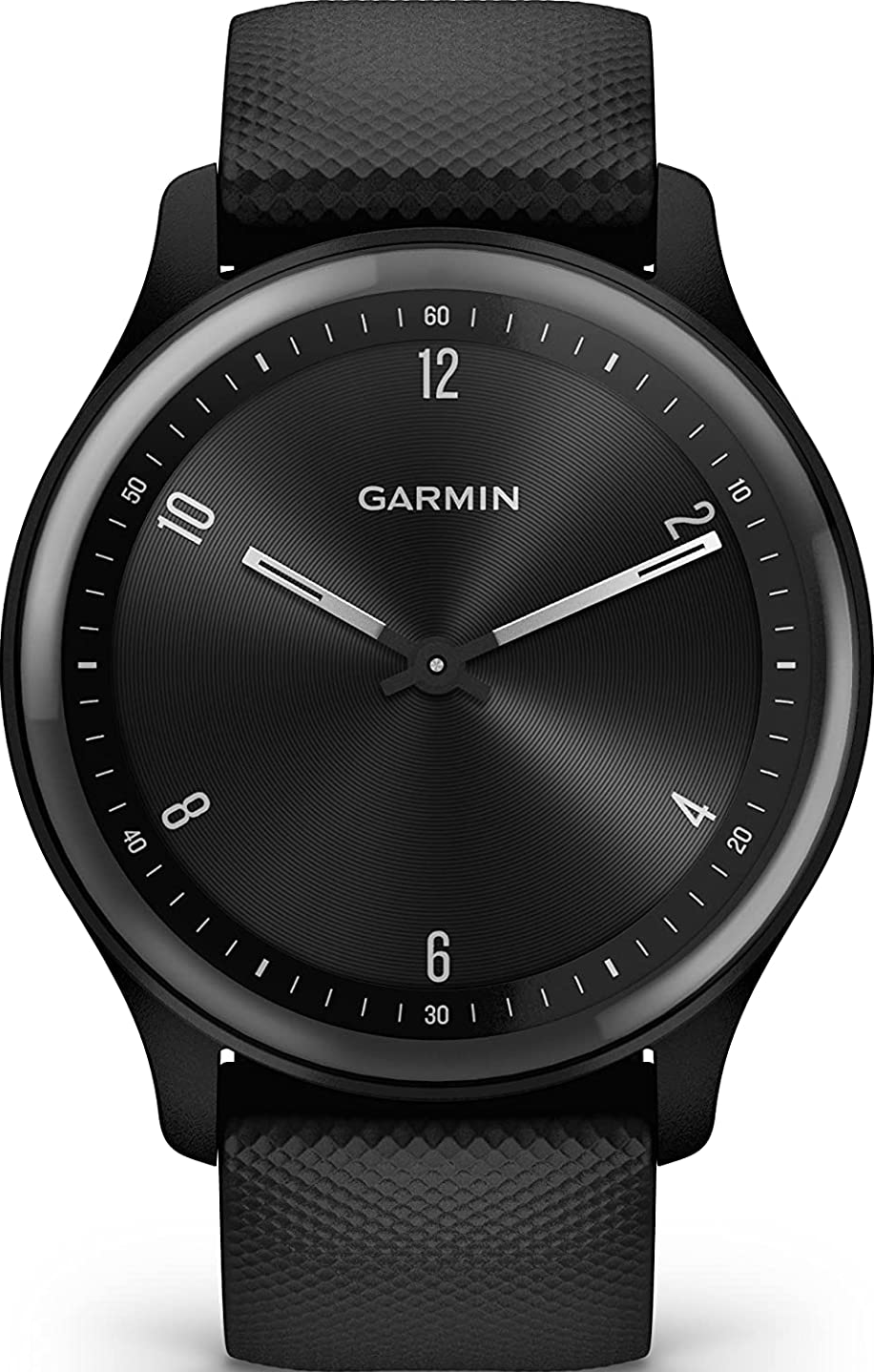 Une montre Garmin noire avec un bracelet noir, indiquant l'heure.