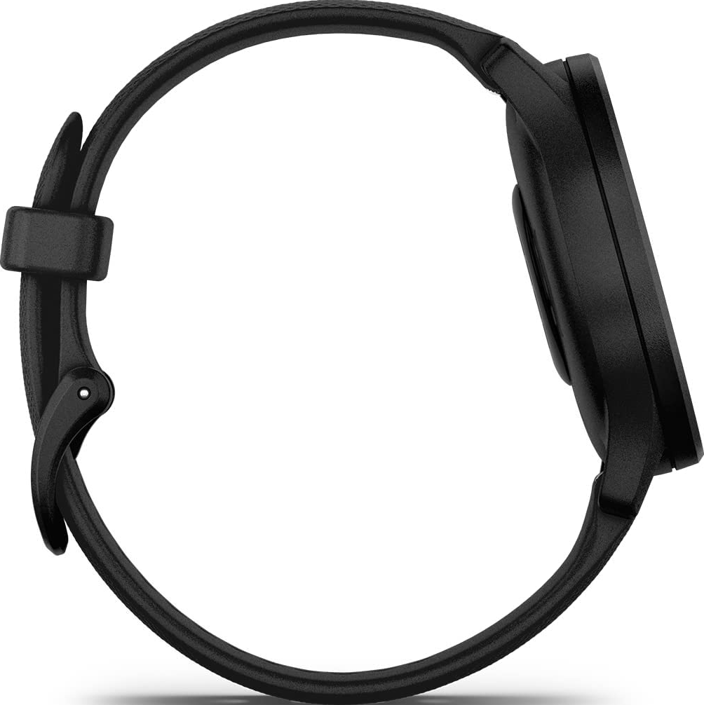 Smartwatch noire avec cadran circulaire et bracelet noir. Vue latérale. Design élégant et moderne.