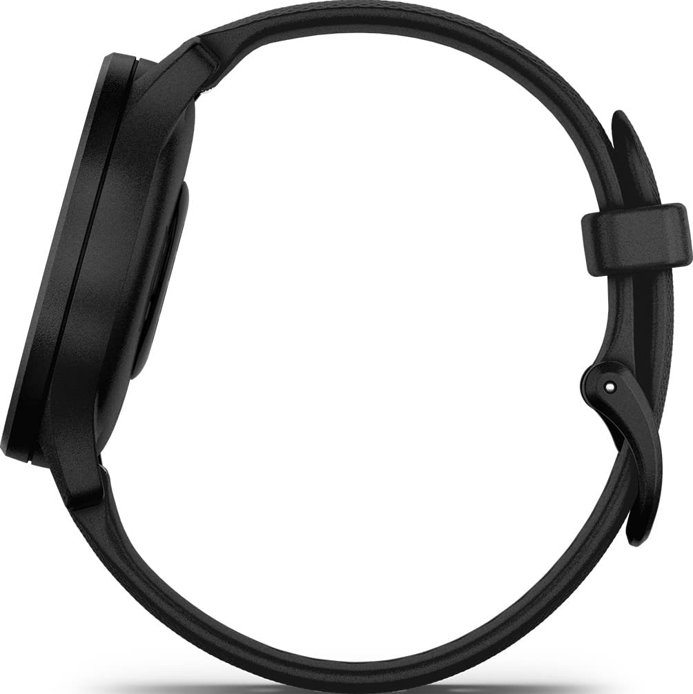 Montre connectée noire, vue latérale. Design incurvé avec bracelet noir.