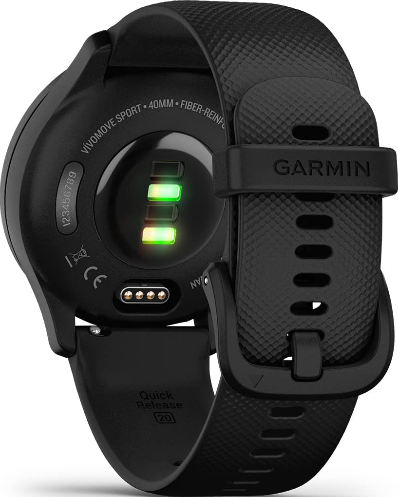 Dos d'une smartwatch Garmin noire. Montre le logo Garmin et les détails du capteur.