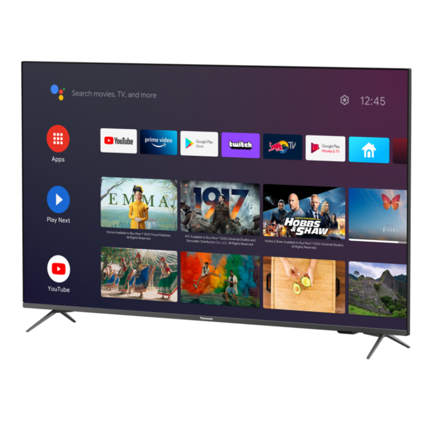 Un Smart TV Panasonic que muestra una pantalla de inicio con iconos de aplicaciones como YouTube y Prime Video. No hay mando a distancia.
