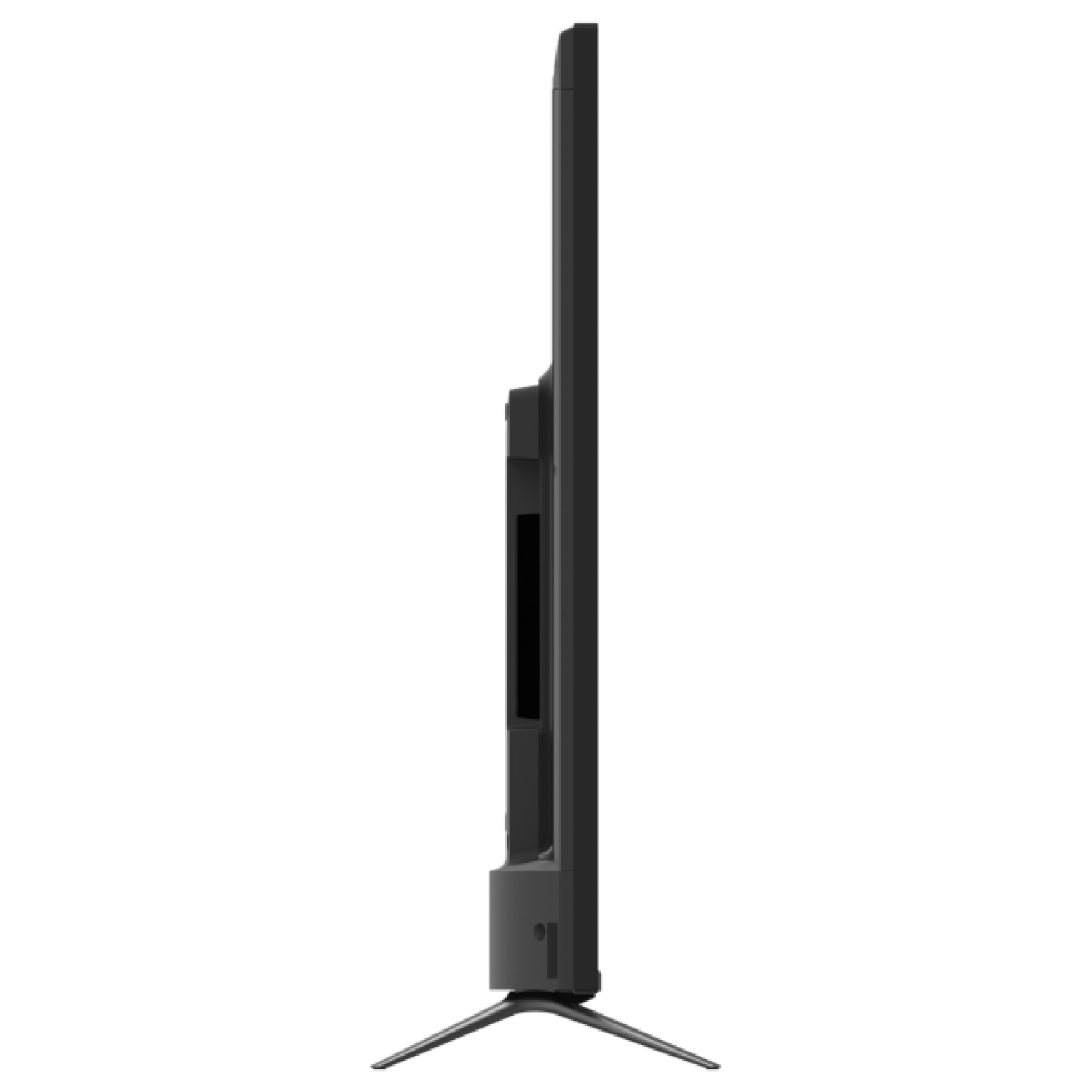 Televisor negro visto de lado. Tiene un soporte y un panel lateral. La pantalla es negra.