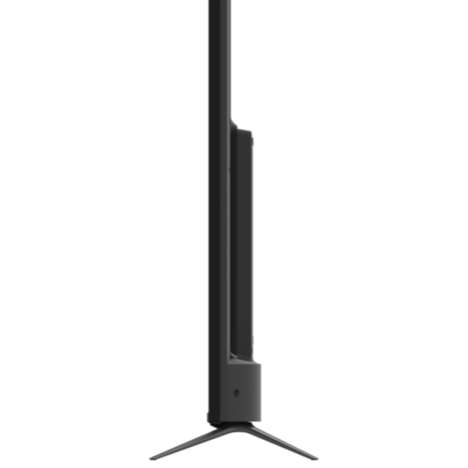 TV negro, vista lateral. Pantalla delgada con soporte. Fondo negro.
