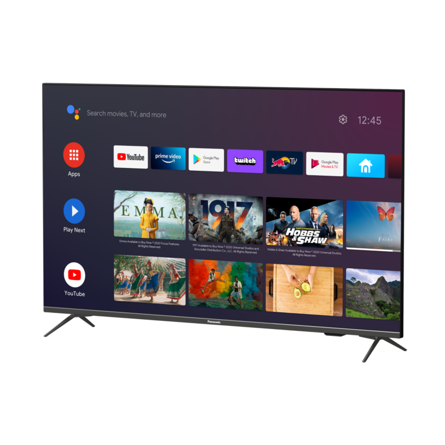 Smart TV mostrando aplicaciones y opciones de películas, fondo oscuro.