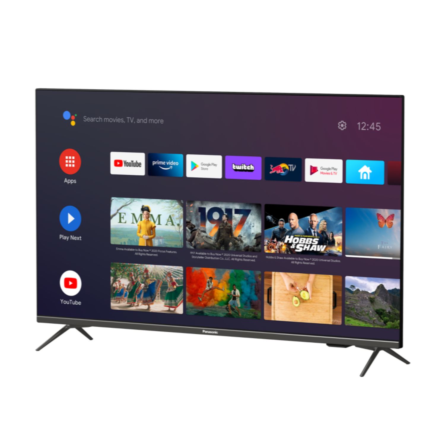 Televisor negro que muestra aplicaciones como YouTube, Prime Video y Netflix. Marco gris y soporte negro.