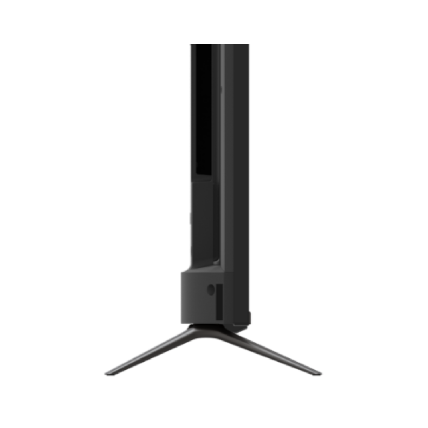 Vista lateral de un televisor negro. Diseño elegante, soporte visible. Aspecto moderno.